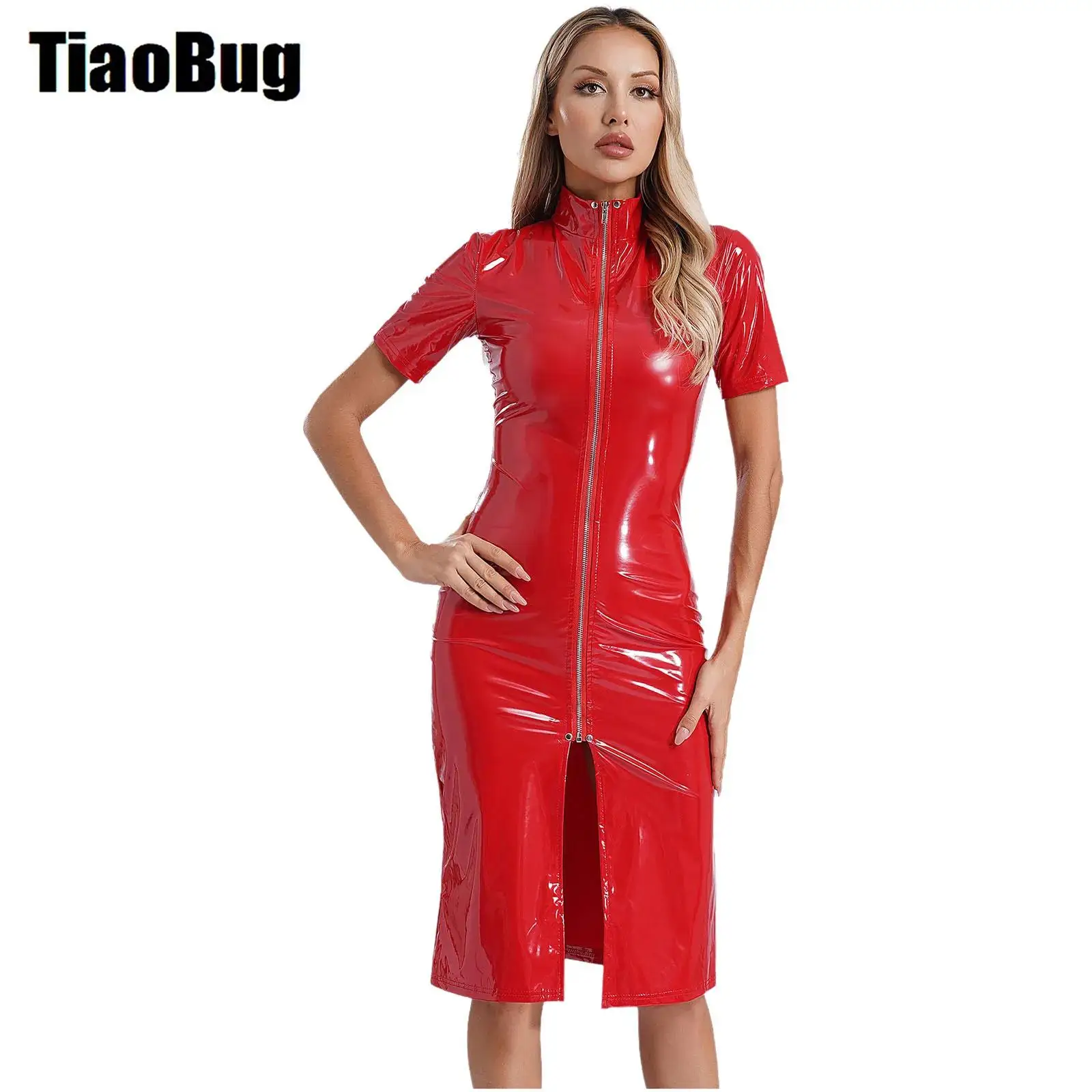 

Womens Patent Leather Dress Wet Look Stand Collar Short Sleeve Front Zipper Split Dress Bodycon Jacket Dress Clubwear