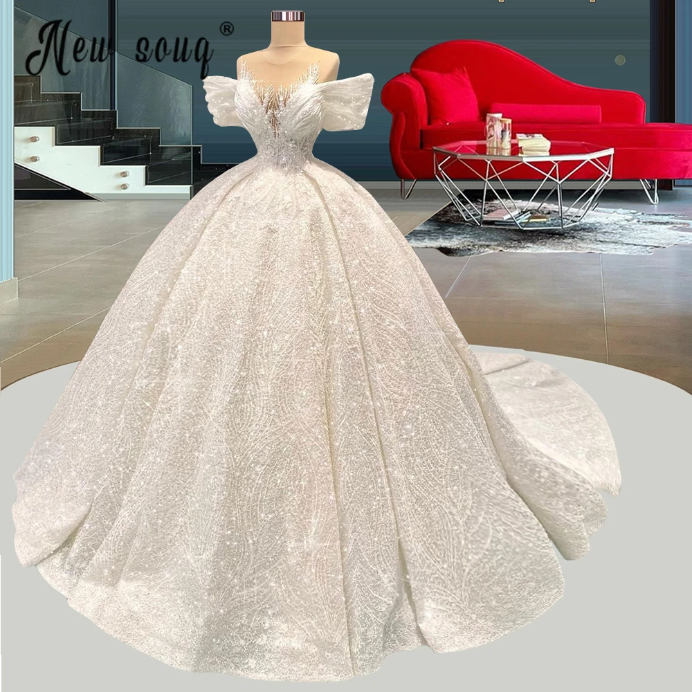 Off Shoulder Royal Train Ball Gown Wedding Dress Luxury Beaded Bridal Gowns Dubai Style 2022 Newest Wedding Gown Customized