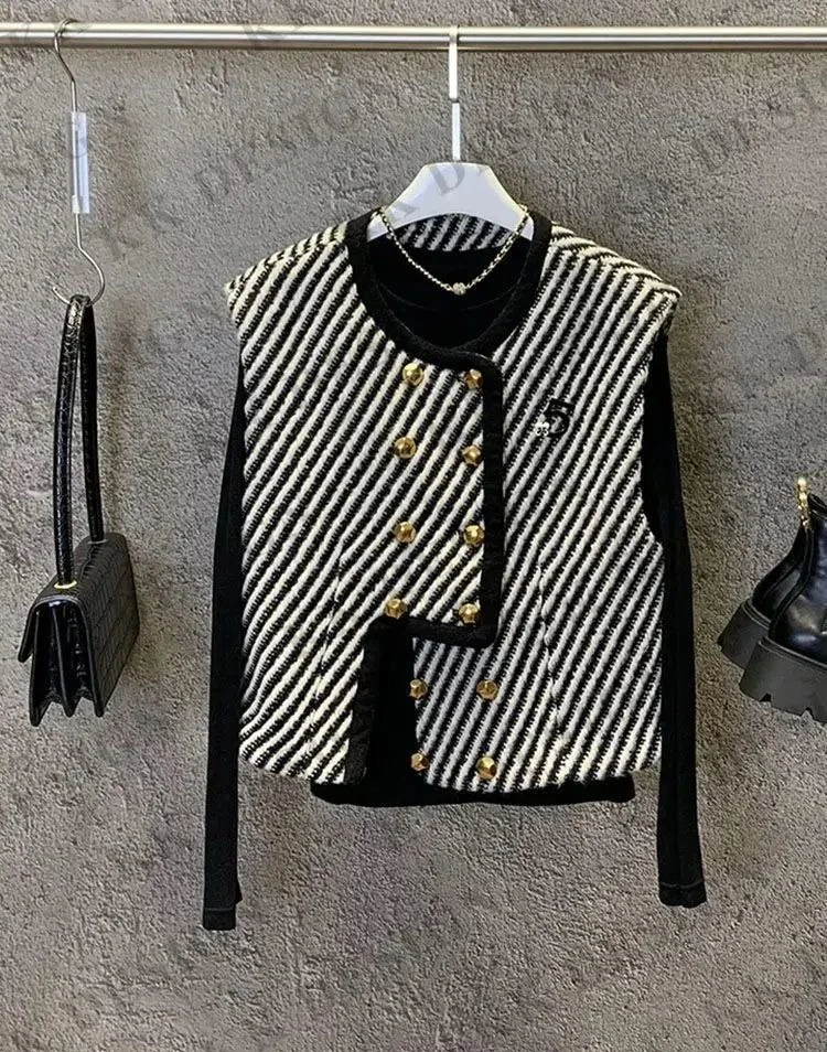 

Повседневное полосатое жилетное пальто в стиле Харадзюку, женское осенне-зимнее нерегулярное винтажное короткое пальто, женские двубортные куртки 2025 года