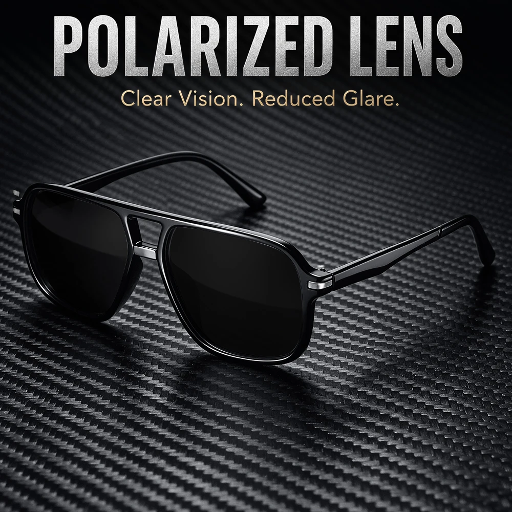 Polarisierte Quadratische Sonnenbrille für Männer und Frauen, Doppelbrücken-Glanzschwarz-Rahmen UV400 Retro Piloten-Sonnenbrille für Autofahren und Outdoor-Aktivitäten