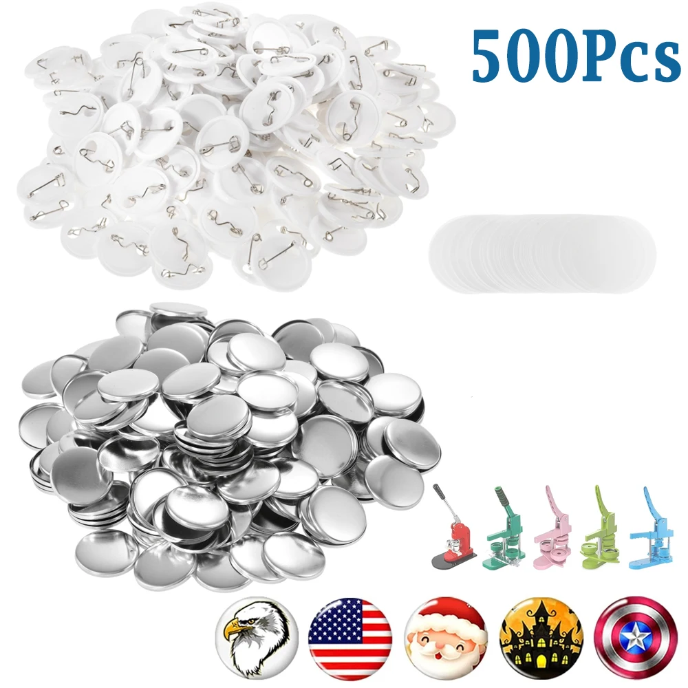 

500 шт., детали для значков с круглой кнопкой, материал 25 мм, 37 мм, 44 мм, 58 мм, принадлежности для значков «сделай сам», алюминиевый верх, пластиковый зажим, дно и пластиковая пленка