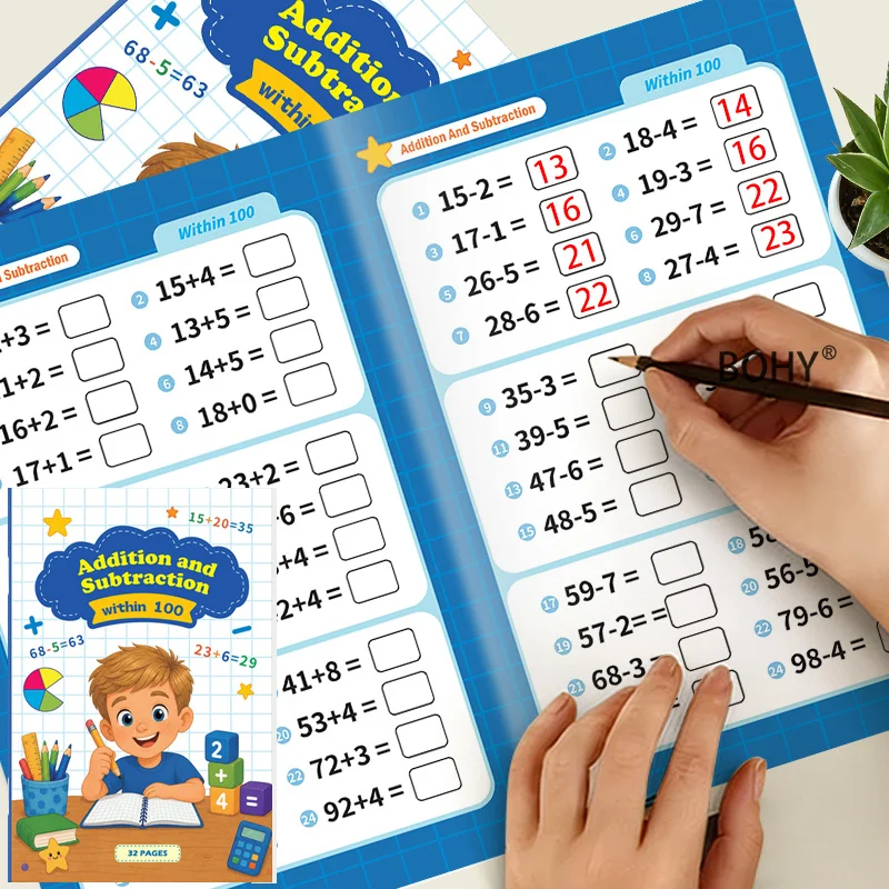 3 Books of Addition and Subtraction Arithmetic Practice, Addition and Subtraction Arithmetic Books Within 20/50/100, 96 Pages