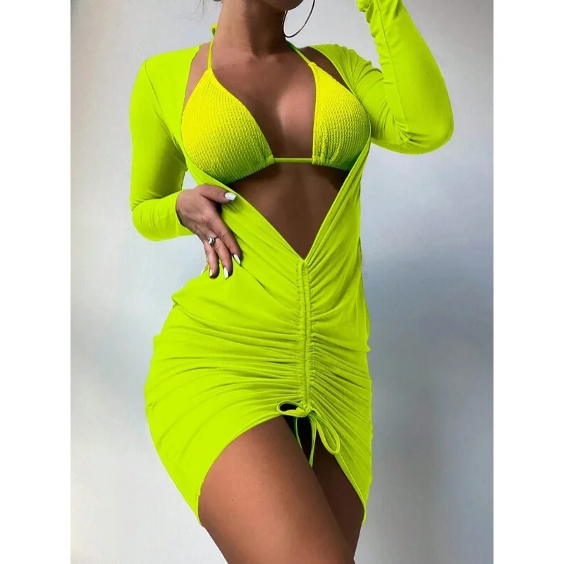 New Mesh Long Sleeve Sun Protection Three-Piece Set Swimsuit Sexy Beach Bikini Swimming Suit