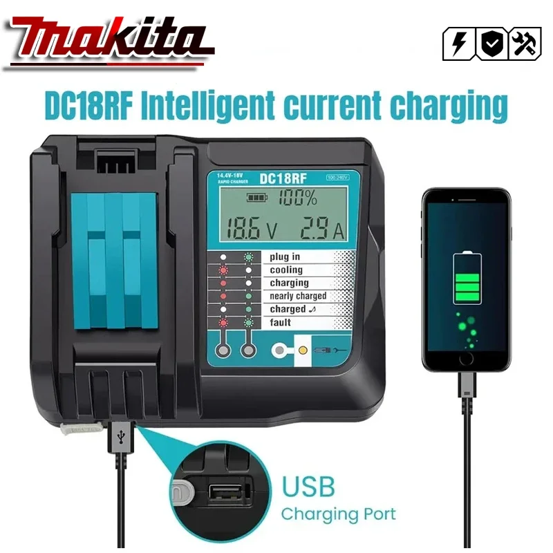 

Зарядное устройство Makita DC18RF для литий-ионных аккумуляторов, ток зарядки 3.5А, 14.4В/18В, для BL1830, BL1430, DC18RC, DC18RA, для электроинструментов, с USB