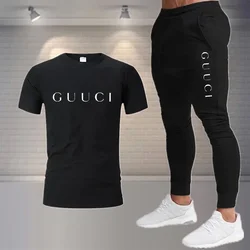 Abbigliamento sportivo casual estivo abbigliamento da uomo t-shirt stampata a maniche corte + pantaloni completo moda jogging fitness training set a due pezzi