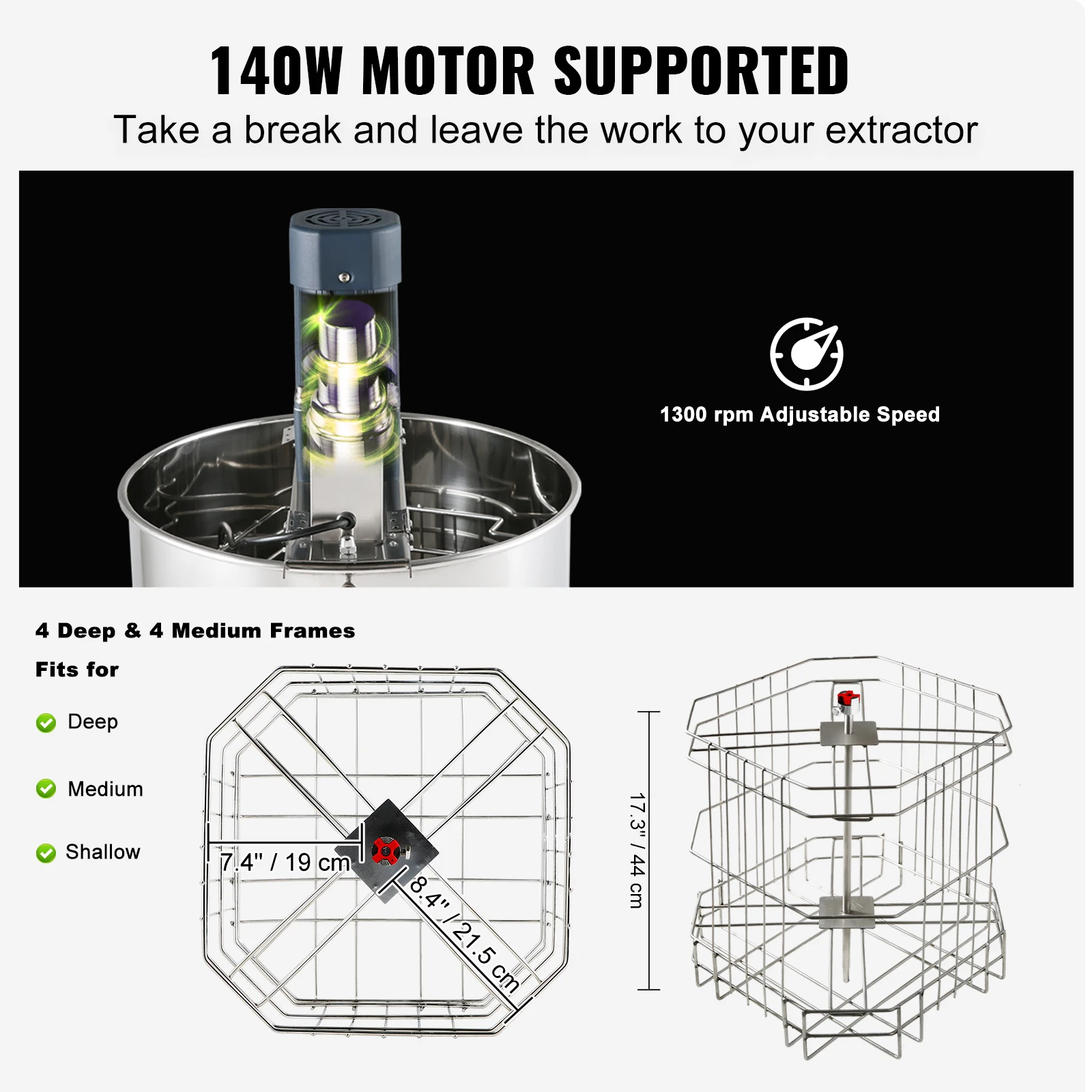 VEVOR Extracteur de Miel Électrique 4/8 Cadres Centrifugeuse Séparateur Miel 140 W Inox avec Couvercle Taille du Nid d'Abeilles Adaptée Profond 48x23 cm Moyen 48x16 cm Hauteur Réglable pour Apiculture