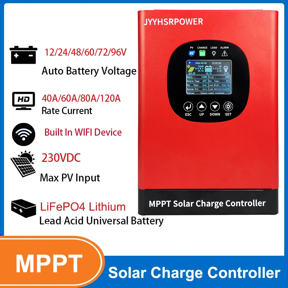 120A 80A 60A MPPT Solar Charge Controller 230VDC Solar Panel Regulator Support 12-96V Battery With Built In WIFI APP Monitor