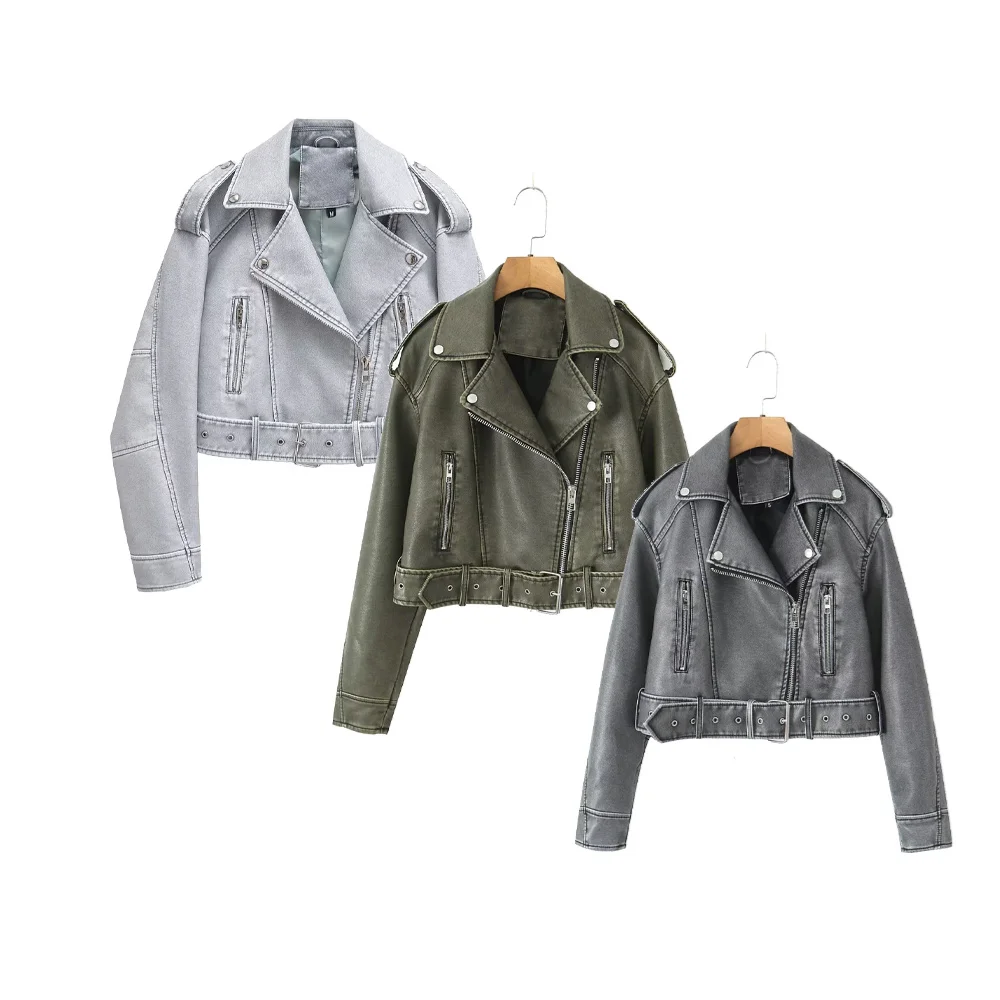 Jesienna Nowa Moda Damska Skórzana Kurtka Casual Retro Uniwersalny Kołnierz Krótka Kurtka Motocyklowa Top Odzież Wierzchnia