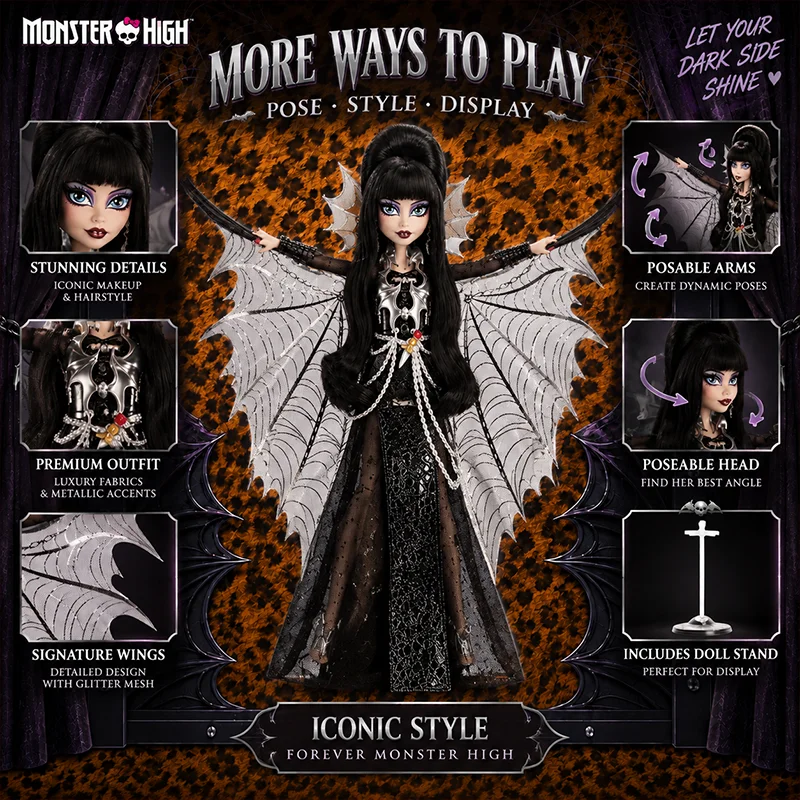 Original Mattel Monster High Elvira Silver Batwing Cape Collectible Fashion Doll Action Figure Toys Display Gift For Girl HYV99