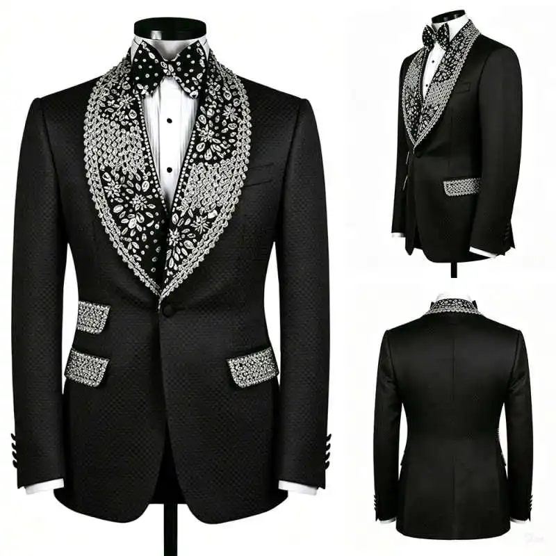 

Luxurious Crystals Men's Suit One Button Shawl Lapel Jacket Sets 2 Pieces Groom Formal Wear Wedding Tuxedos Customzied