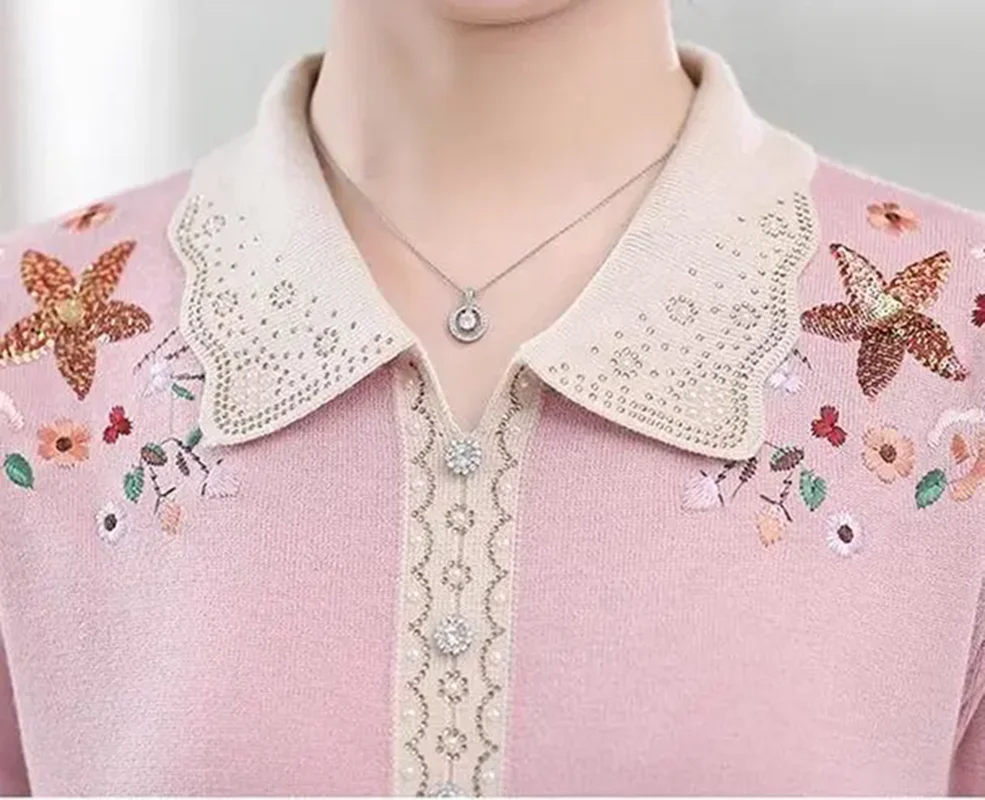 중년 여성 캐시미어 스웨터 가을 겨울 긴팔 라펠 니트웨어 여성 울 풀오버 우아한 자수 니트 점퍼