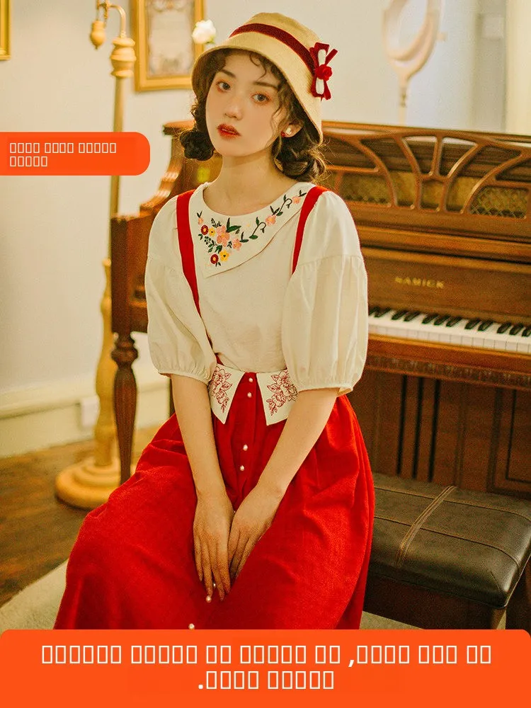 

Original Artistic Vintage Embroidered oulder Dr Fre Peppy Girl Heart School Sle High Waist Bubble Sve Polyester B...