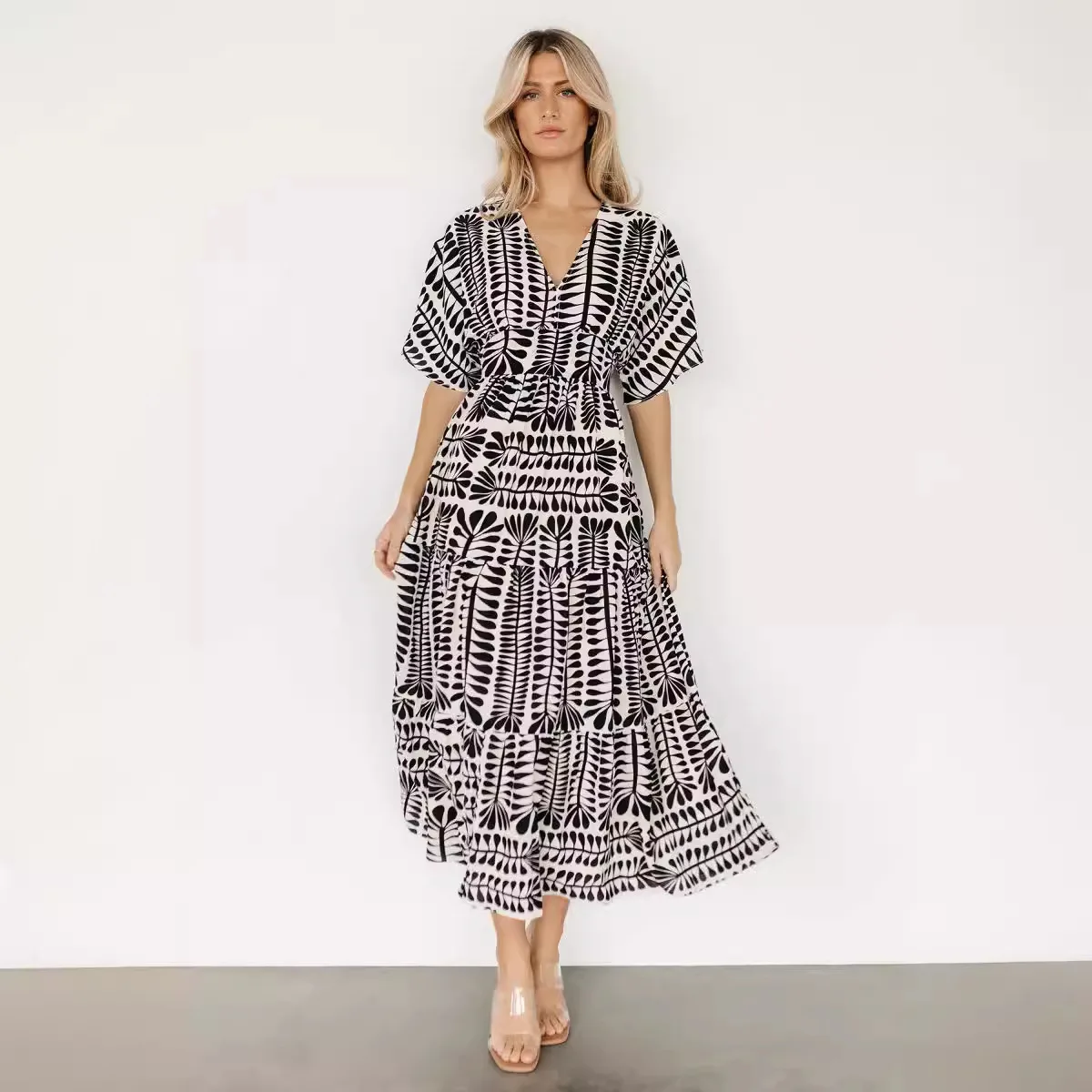 

Womne Dress Fashion V Neck Floral Print Patchwork Female Robe A-Line Short Sleeves Dresses Lady Tighten The Waist Summer Vestido
