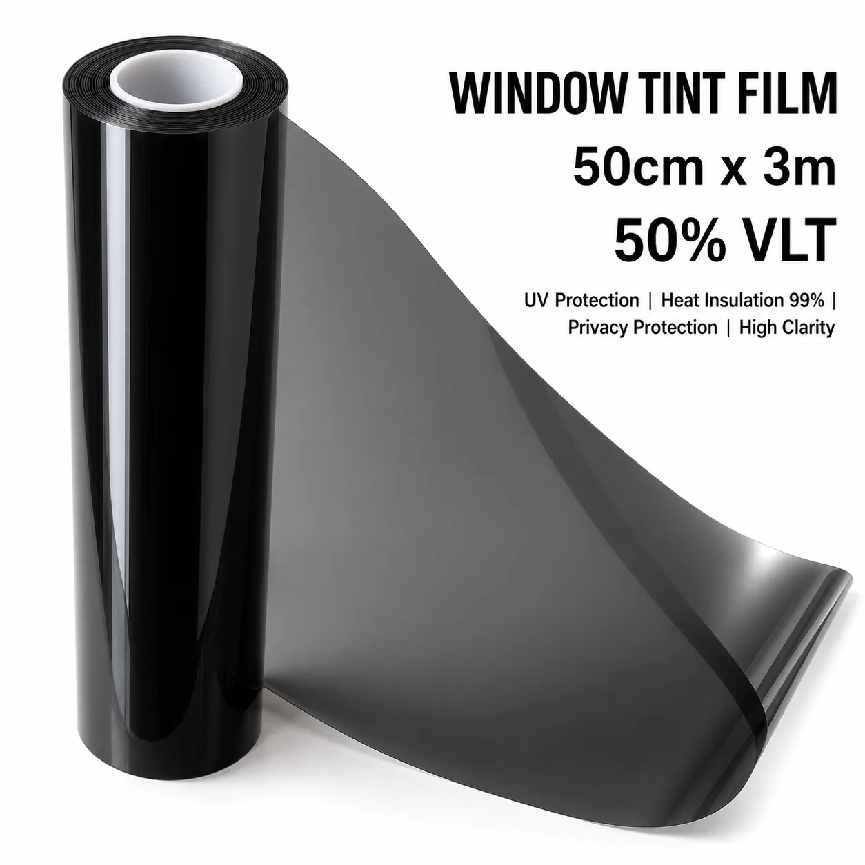 

Car Side Rear Window Tint Film 50cmX300cm 50% VLT Pale Smoke Automotive Heat Blocking Window Film Van Glare PET UV Cooling IR No