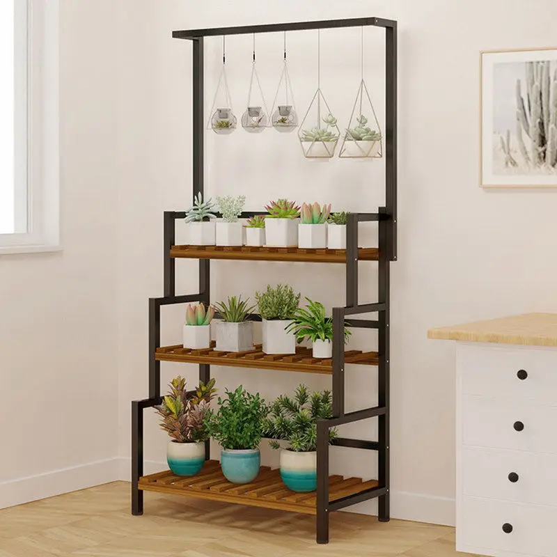 3-Layer Flower Rack with Hanging Basket Black Plant Stand Indoor Flower Display Pot Metal Shelves Plant Rack