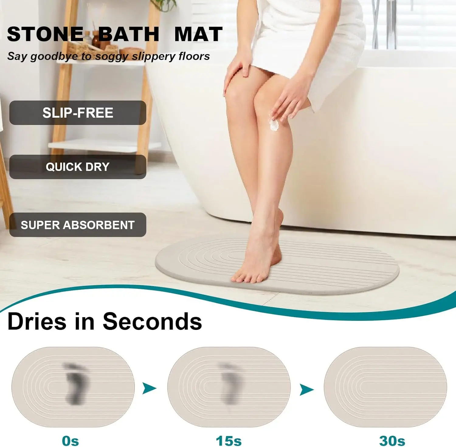 Bath Mat Diatomaceous Earth Shower Non Slip Quick Dry Bath Stone Mat Super Absorbent Bathroom Floor (Off White)