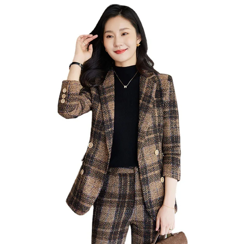 2024Autumn and Winter New Brown Plaid Long-Sleeved Small Suit Collar Jacket Women's Pants Two-Piece Suit Commuter