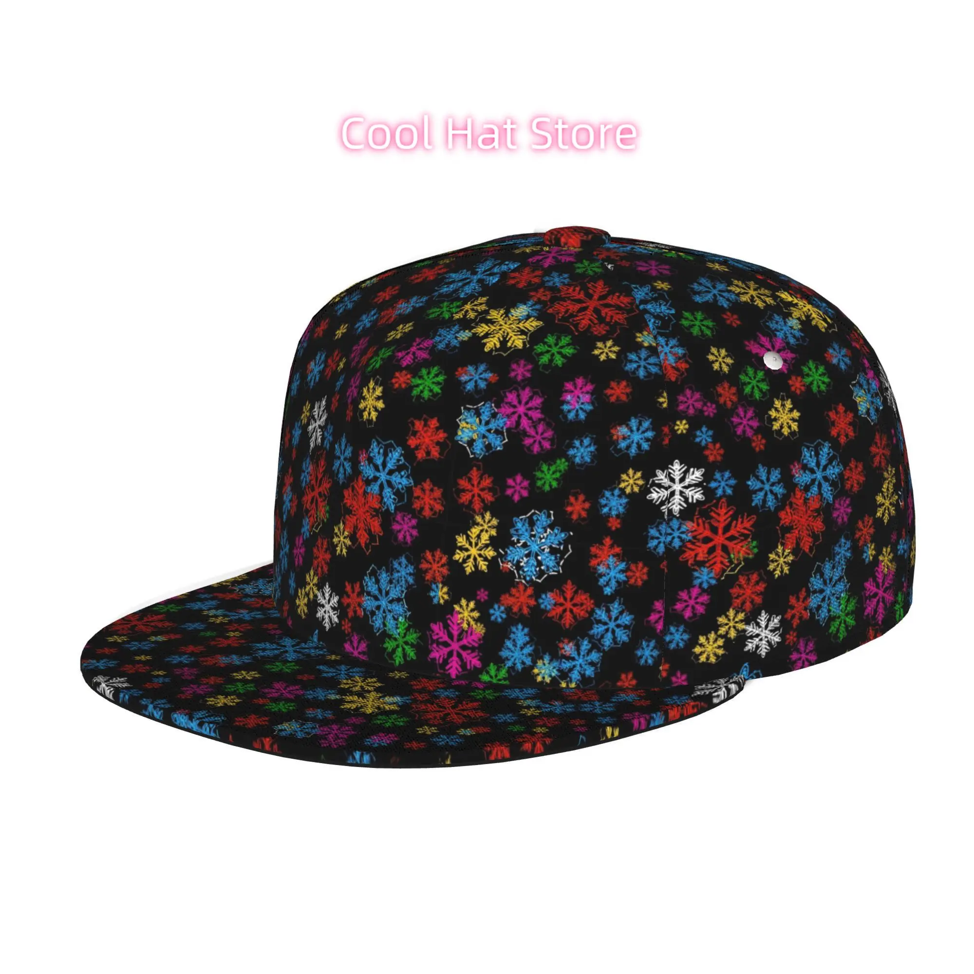 Men's & Women's Baseball Cap with Colorful Snowflake Pattern on Black - Adjustable Snap-On Brim, Flat-Top Design, Lightweight Su