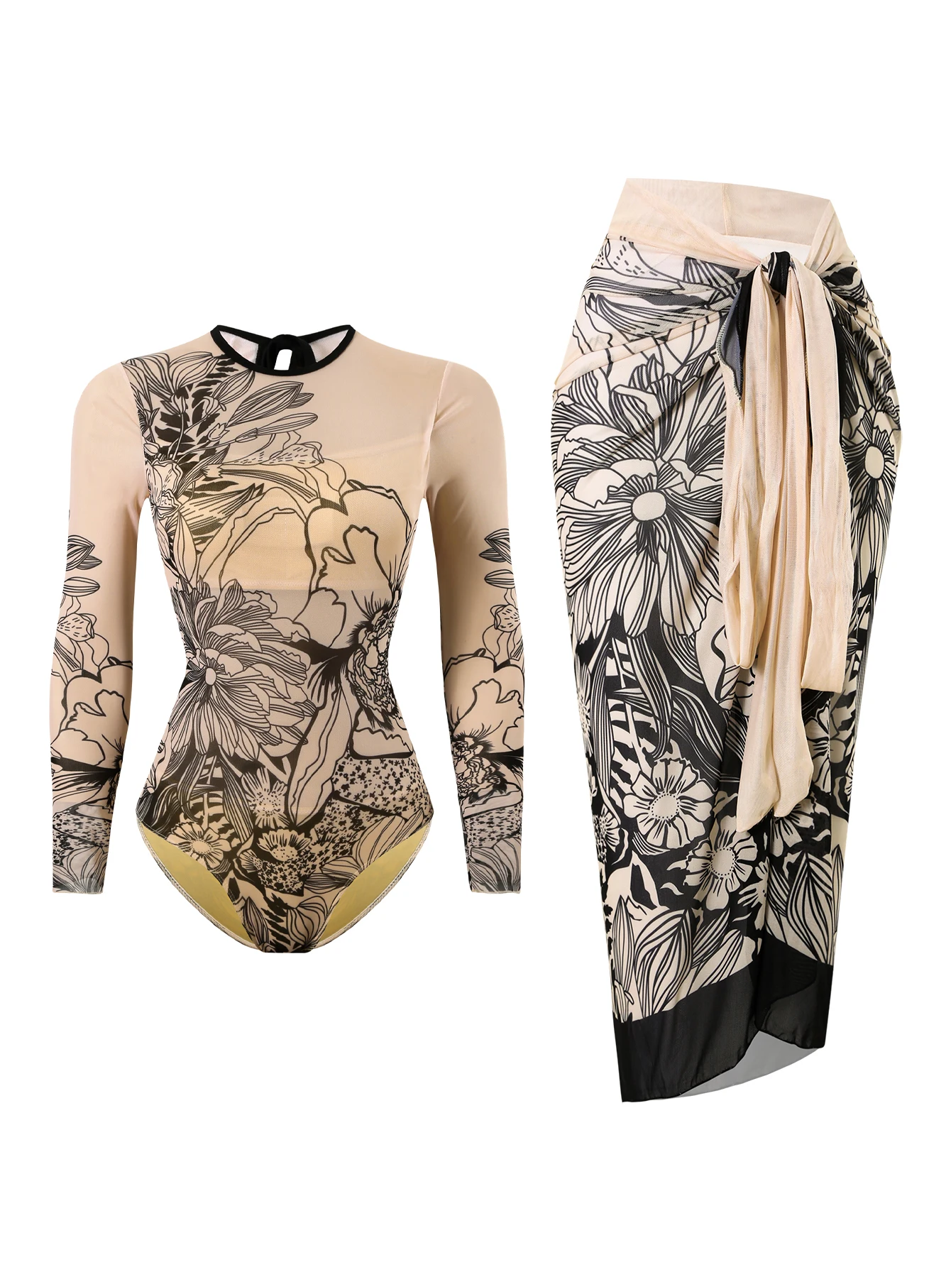 2026 impresso malha maiô uma peça & vestido de praia mangas compridas banho feminino natação terno acolchoado beachwear