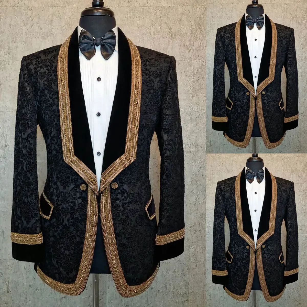 Black Pattern Mens Wedding Tuxedos Gold Appliques Shawl Lapel Groom Wear Dinner Business Birthday Party Ceremony Outfits