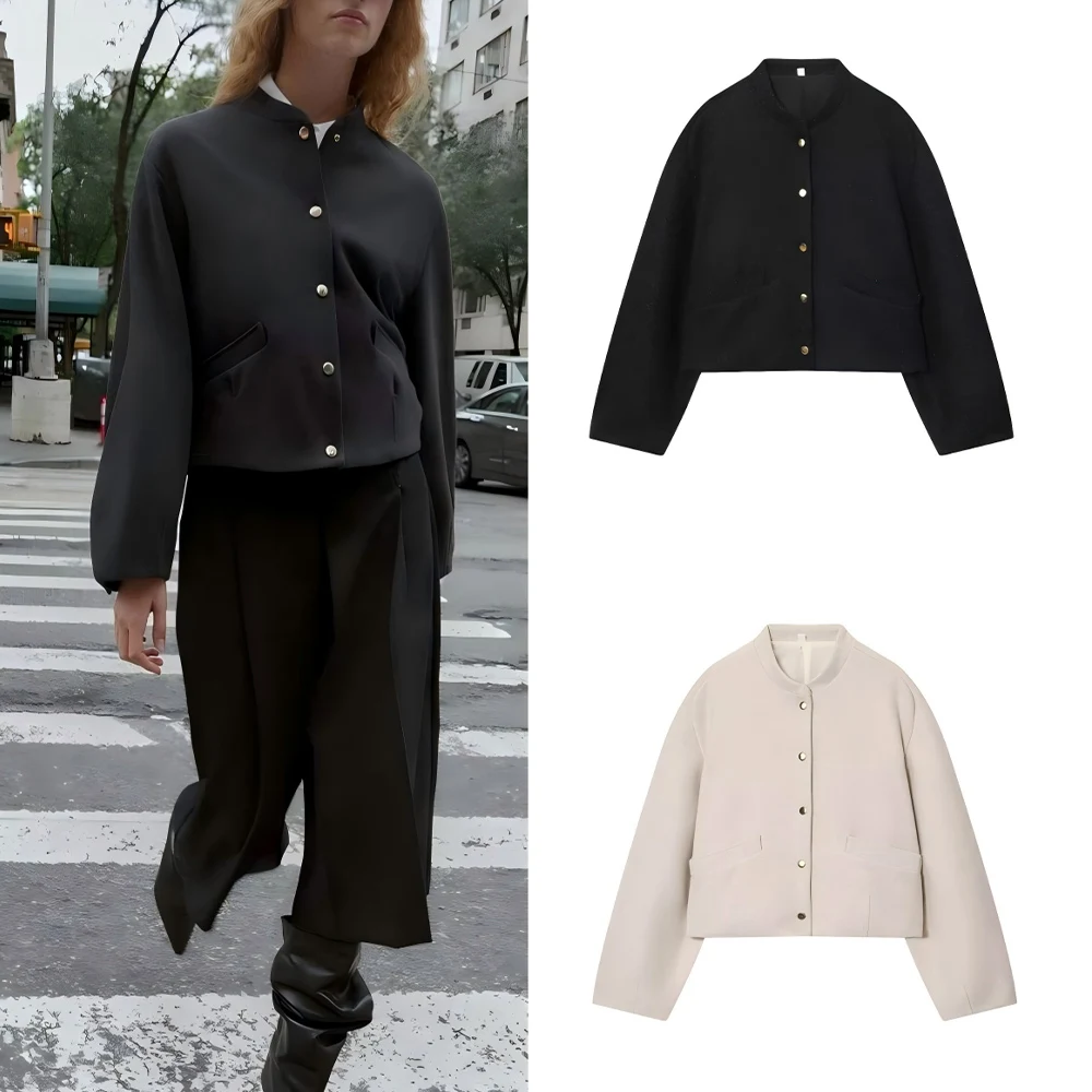 

Women's new fashion elastic hem casual soft texture stand collar jacket Coat retro long sleeved buttoned women's Coat chic top