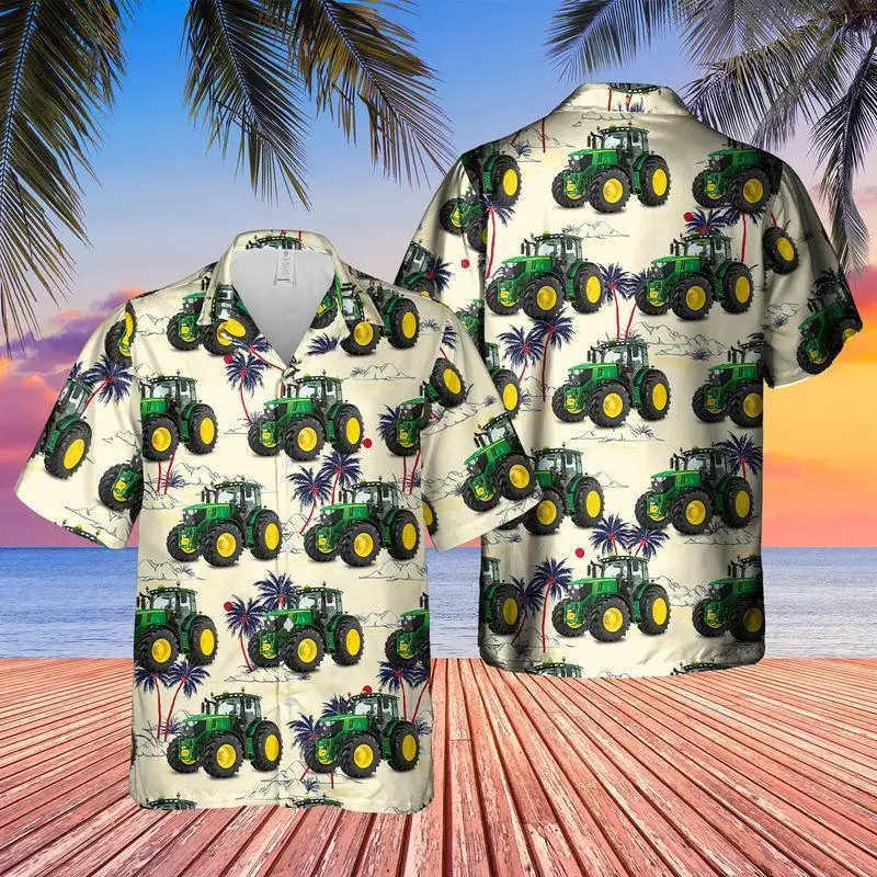 

New Hawaiian Yellow Shirt Men Creative Farm Trucks Printed Summer Casual Shirts Cool Beach Vacation Hangover Tops