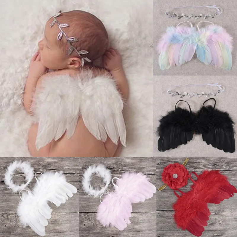 2 Pcs Baby Angel Feather Wing with Flower Headband Newborn Photography Props Baby Kids Souvenir Wings Photo Shooting Accessories