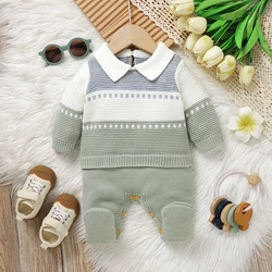Baby Romper Knit Infant Kid Clothes 0-9M Fashion Turn-down Striped OverallsNewborn Girl Boy Jumpsuit Long Sleeve Foot Wrap Fall