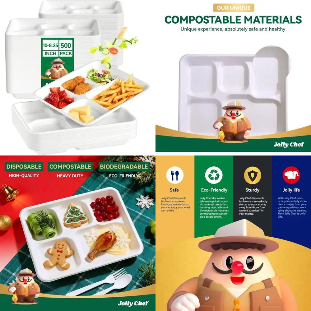 

Экологичные бумажные тарелки с 5 отделениями, 10x8,25x1 дюймов, упаковка 500 шт., сверхпрочные, биоразлагаемые, белые, идеально подходят для школьного обеда, D