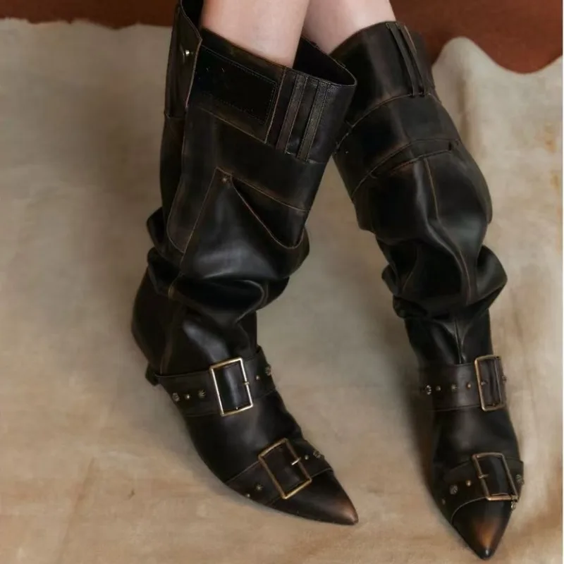 

Сапоги с металлическими пряжками и рукавами, модные нескользящие износостойкие ботинки в стиле ретро с острым носком и заклепками