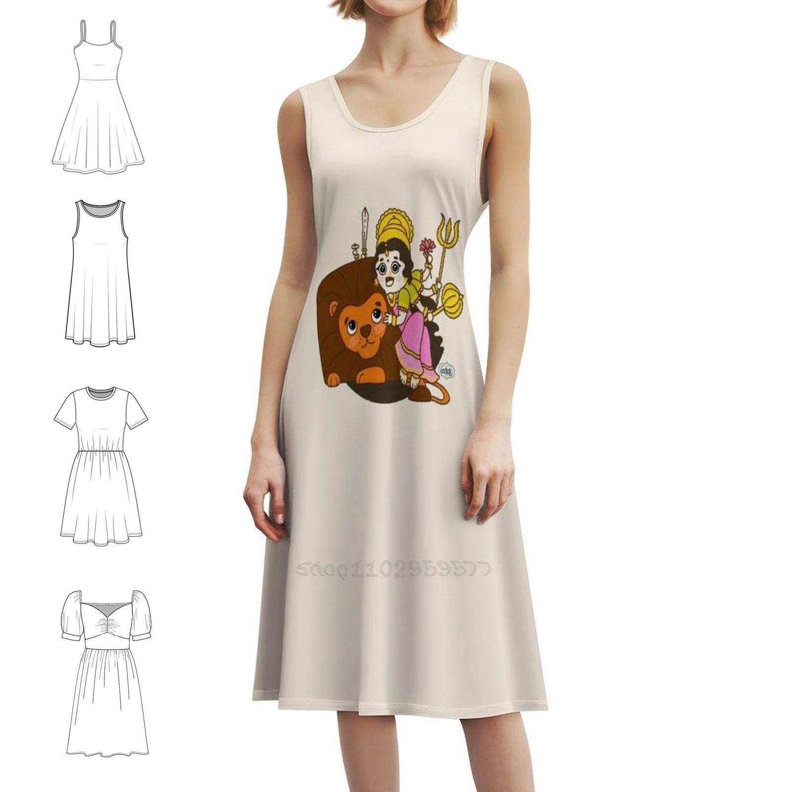 آلهة دورانجا مع الأسد الهندوسية-الآلهة الهندية البوهيمية بلا أكمام فستان متعدد الطباعة عطلة الشاطئ فستان الحفلات الآلهة الهندوسية #1