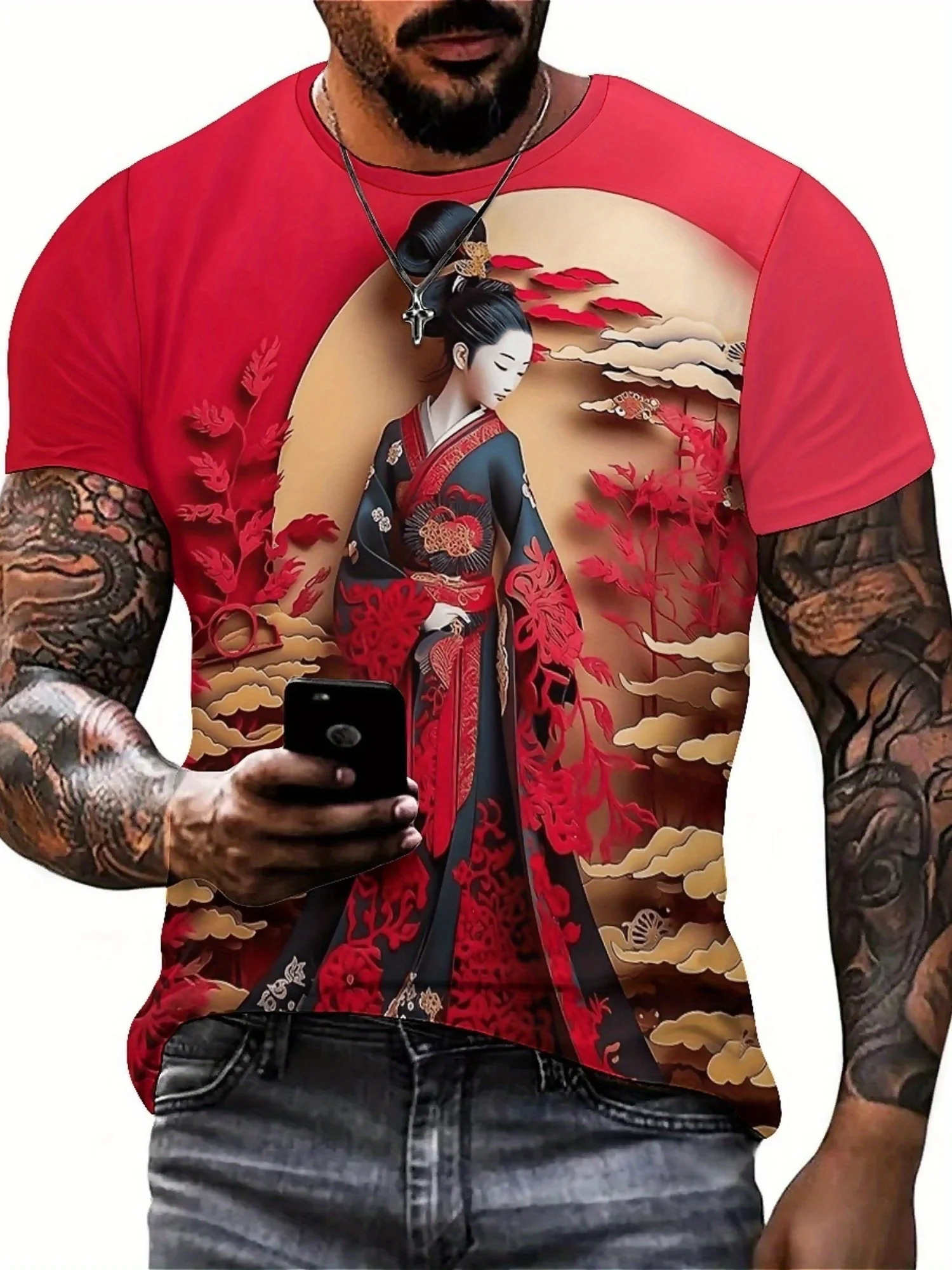 เสื้อยืดพิมพ์ลายศิลปะญี่ปุ่นอุคิโยะอี 3 มิติสำหรับผู้ชาย - ดีไซน์ผู้หญิงกิโมโนแบบดั้งเดิม, ผ้าโพลีเอสเตอร์ระบายอากาศได้, แขนสั้น