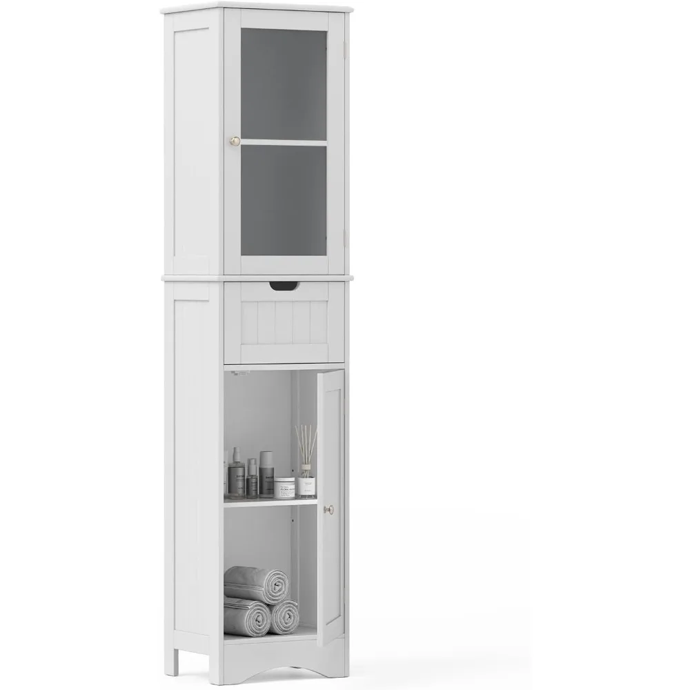 

67” Tall Bathroom Storage Cabinet with 2 Doors & 1 Drawer, Modern Floor Cabinet with Adjustable Shelves & Frosted Glass