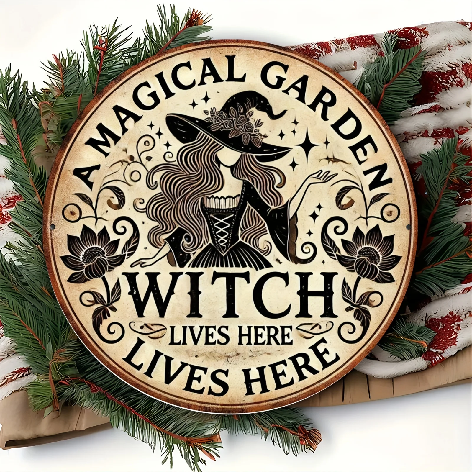 1pc Enchanting Garden Witch Metal Wall Sign - Round Witchy Decor with "A Magical Witch Lives Here" Banner - Aluminum Foil Sign view 4