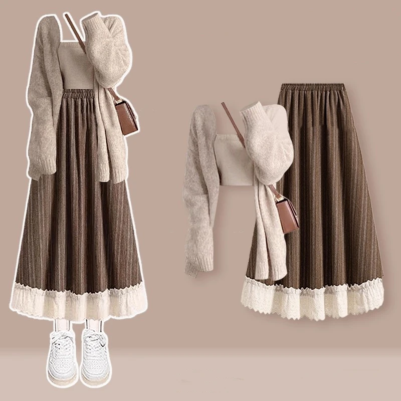 Autumn Winter Women French Graceful Sweater Cardigan Sling Skirts 1 or Three Piece Set Lady Vintage Knit Tops Half Skirt Outfits