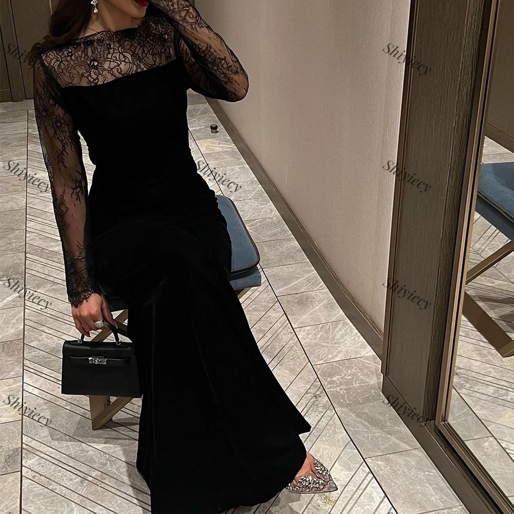 Black Straight Jersey Evening Dress Lace Long Sleeves Saudi Arabia Boat Neck Floor Length Prom Gowns Custom Made Party Dresses