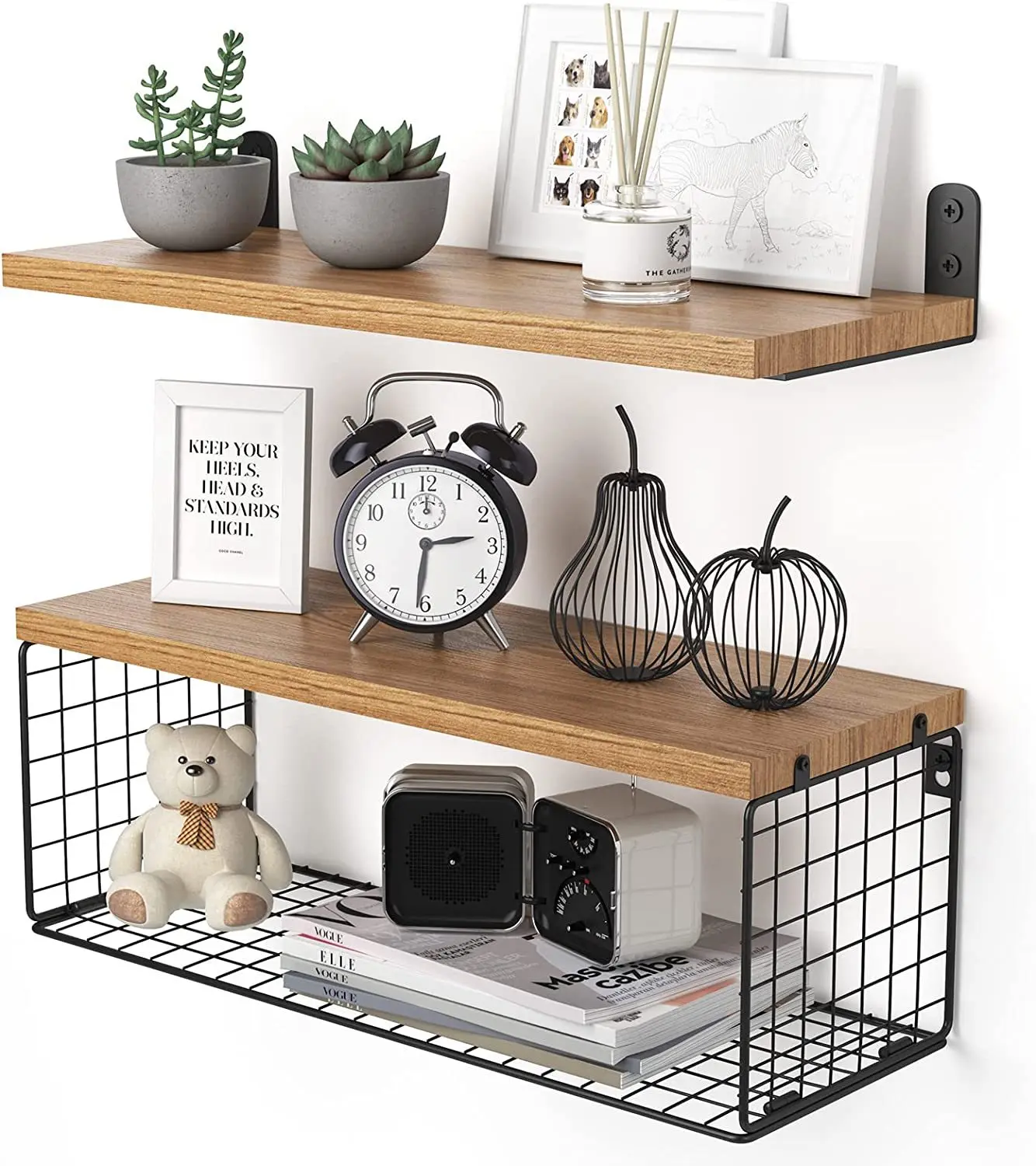 Double Layer Bathroom Rack Wall-Mounted Floating Shelf with Storage Basket Wooden Shelf Metal Bracket Storage Shelf Shelves