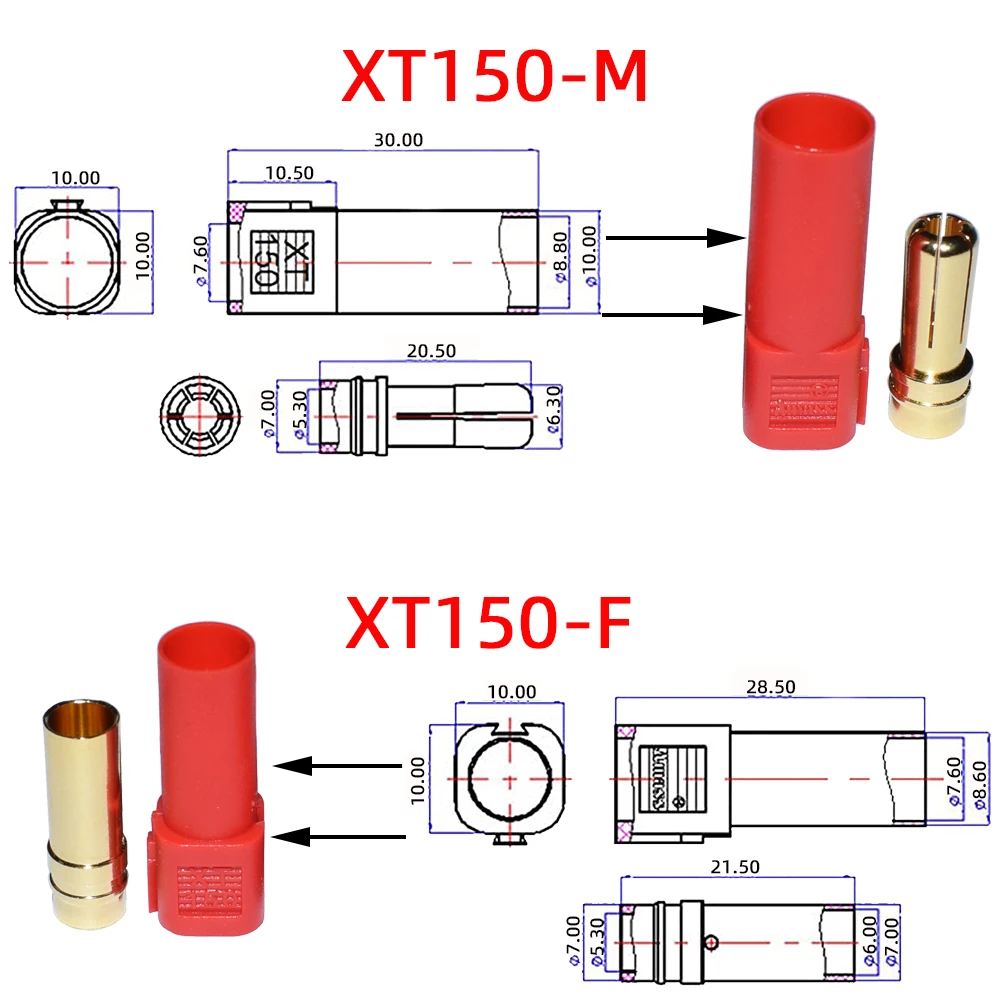 Amass XT150 XT150 connector 6mm Banana Bullet Plug 130 High Rated Amps Male Female Adapter Gold Plated for RC ESC Charger Lead