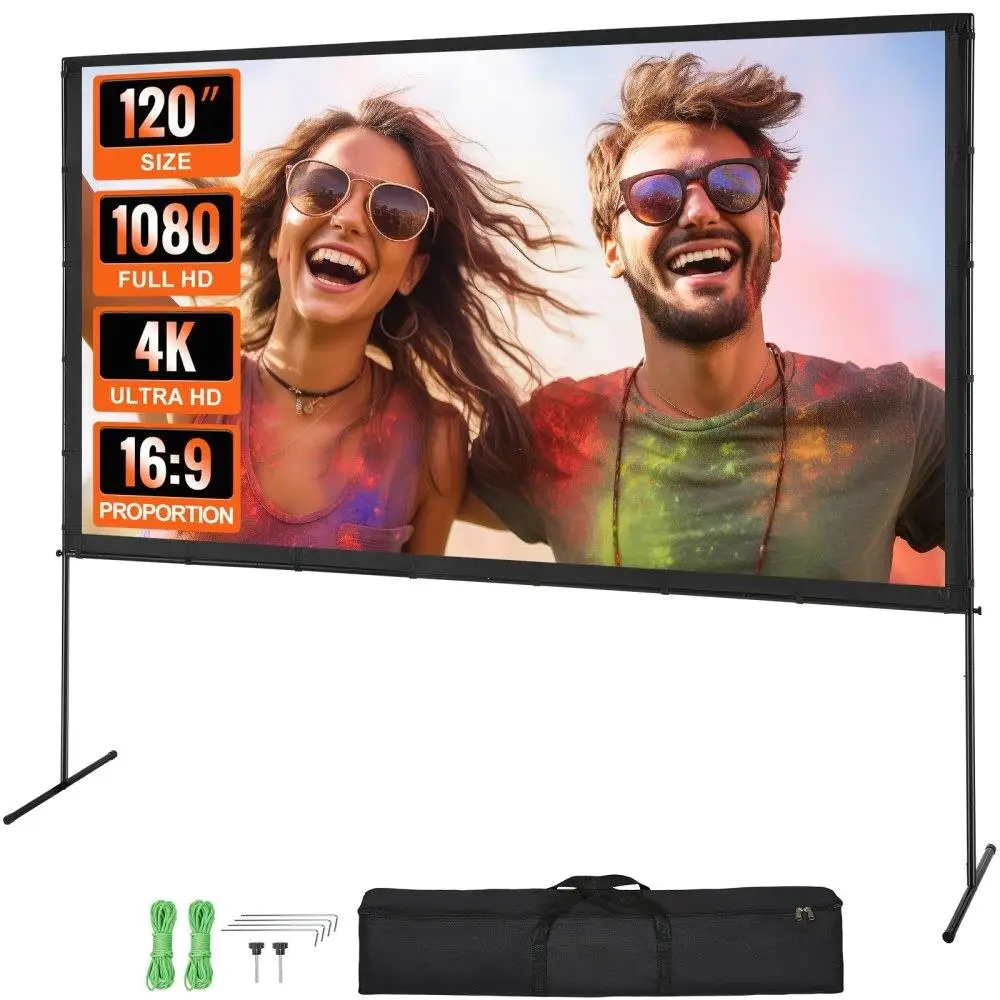 

Projector Screen 120 16x9 4K 1080 HD Outdoor Stand Wrinkle-Free Feet Carry Bag for home Theater Cinema Backyard Movie Night
