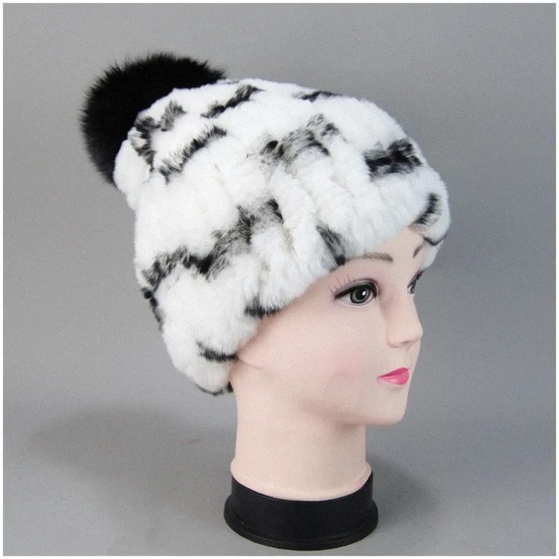 Winter Natural Real Rex Rabbit Fur Hat Women Elastic Warm Handmade Knitted Real Rex Rabbit Fur Caps Fox Fur Pompoms Beanies Cap