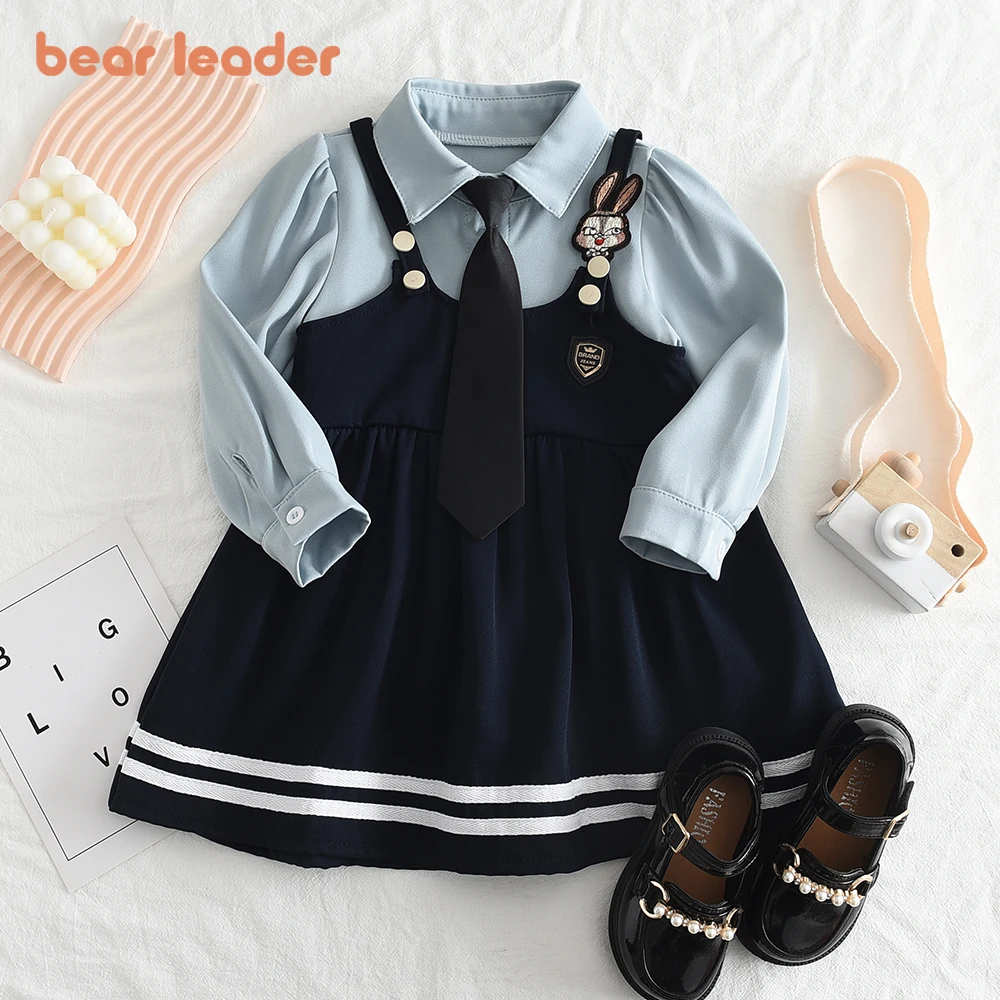 Bear Leader Girls' Dress 2023 Autumn New Long Sleeve Shirt Rabbit Strap Dress Splice Set Fashion Academy Style Children's Dress