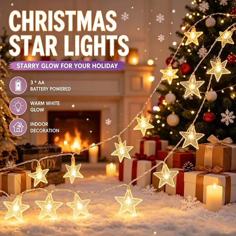 Warm White Star Fairy Lights, Battery Powered String Lights for Bedroom Xmas Tree Wedding Party Home New Year Indoor Decoration