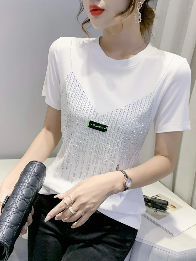 تي شيرت نسائي من Faionable ort Sve مزين ثقيل وتدفئة ماسية كورية Sle بقصة ضيقة من قطن الخيزران مستدير Ne