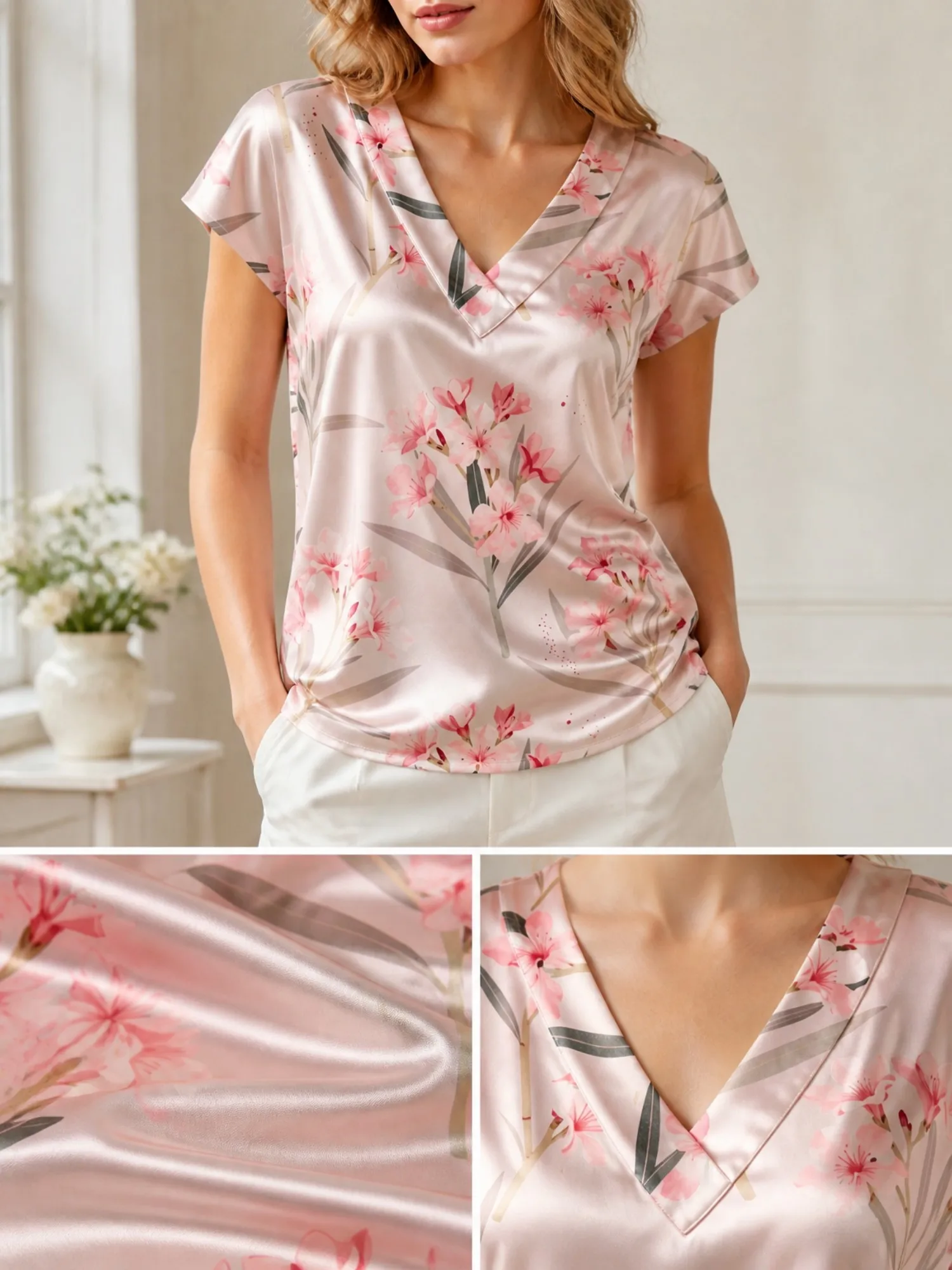 Floral Satin V Neck Top for Women Cap Sleeve Soft Draped Fit Silky Resort Lounge Summer Wear Lightweight Breathable Elegant Airy