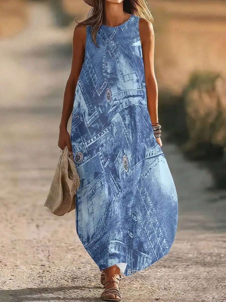 

Sleeveless Round Neck Denim Print Maxi Dress With Pockets Casual Summer Womens Dress