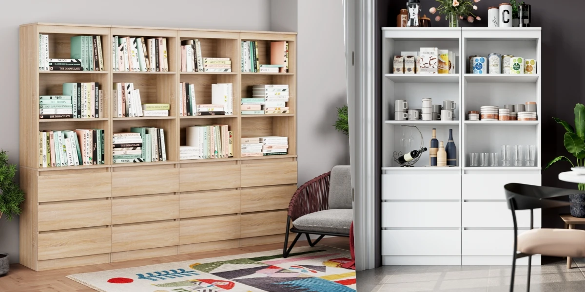 Getone Tall Bookcase, Living Room Bookshelf with 3 Drawers and 3 Shelves, Freestanding Storage Cupboard Display Cabinet 60x35x180cm White/Black/Oak