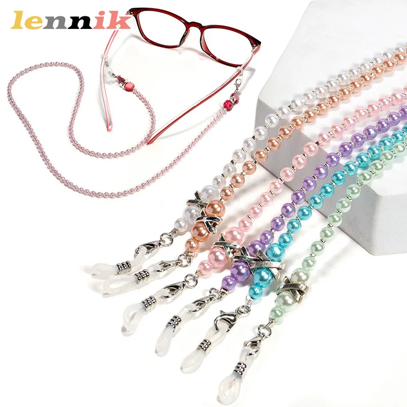 LENNIK ヨーロッパダイヤモンドメガネチェーン ヴィンテージパールロープ手作り、フェイクパール装飾ストラップ/オフィス多用途アクセサリー 1