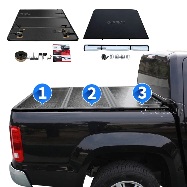 

Amarok Truck Bed Cover Hard Tri Folding Aluminum Ranger Tonneau Cover for Maverick Tacoma 2015+ Hilux Revo SR5