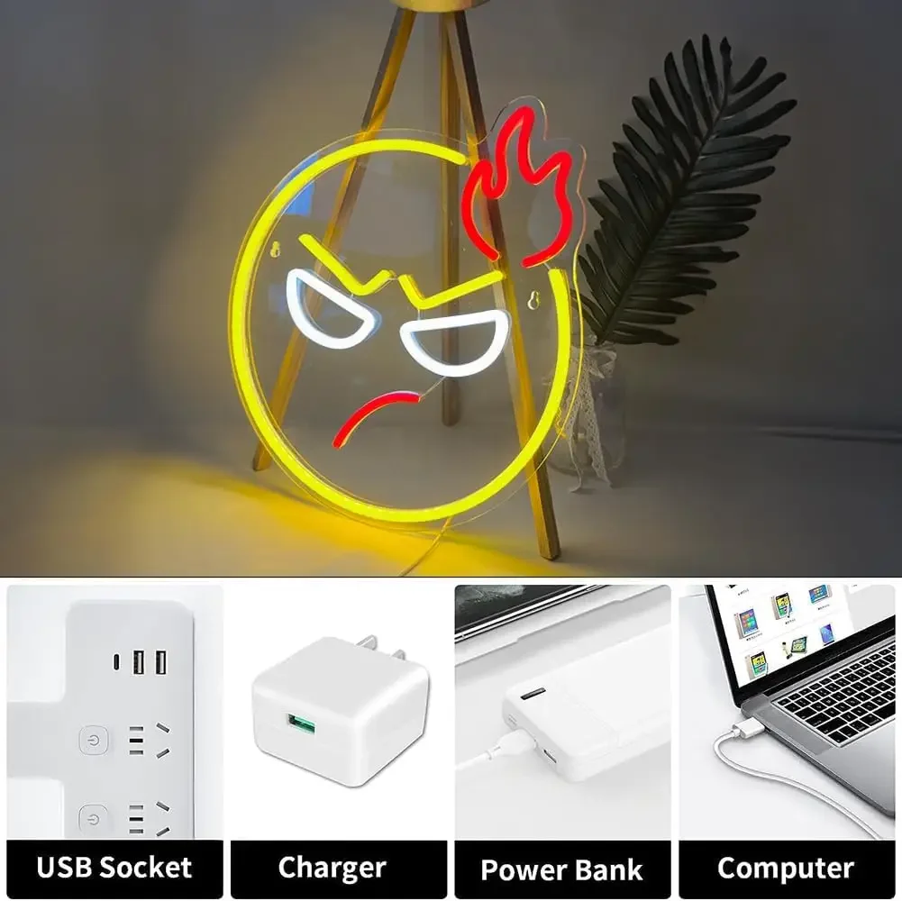 Angry Expression LED Neon Sign USB Dimmable Neon Light Sign for Gameroom Bedroom Bar Livingroom Birthday Party Gift Wall Decor