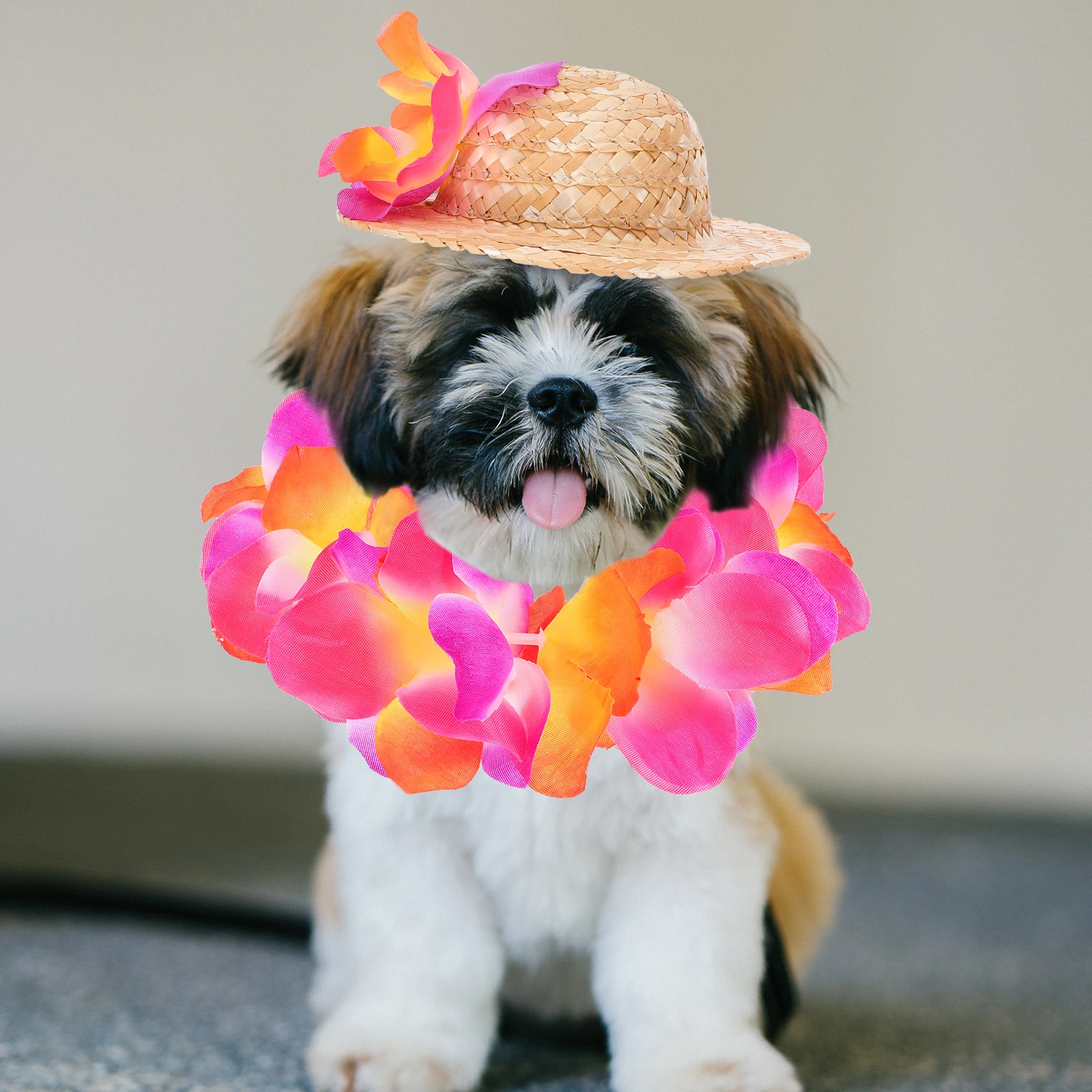 

1Set Pet Clothing Puppy Hawaiian Straw Hat Garland Comfortable Summer Party Pet Costume Dog Clothes Puppy Hat and Garland